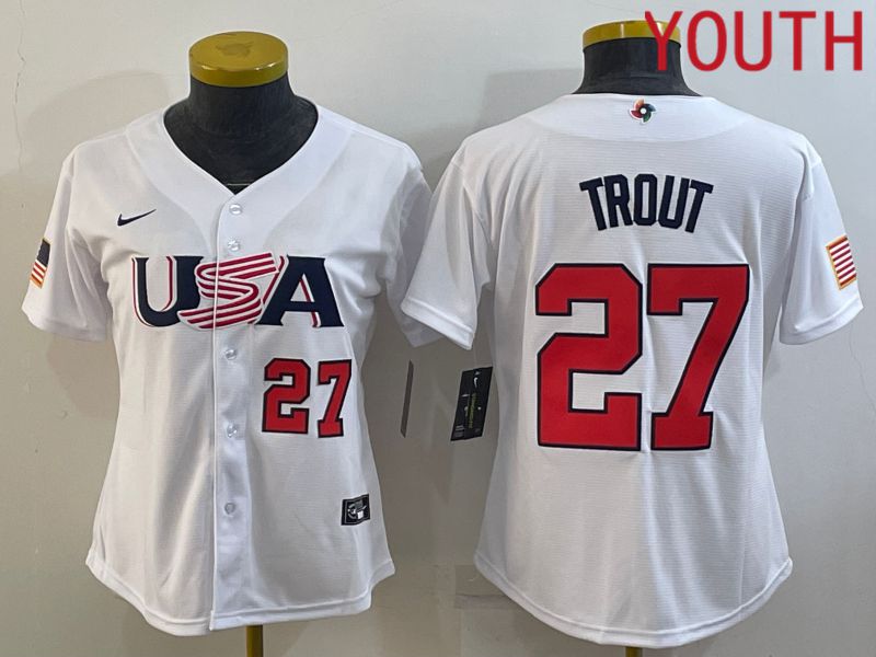 Youth 2023 World Cub USA #27 Trout White MLB Jersey3